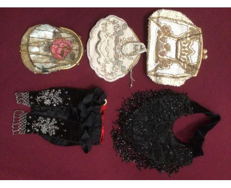 Selection of evening bags including Czechoslovakia beaded bag, black velvet beaded bags, 1895 Advertising paper fan 'Drink Ta