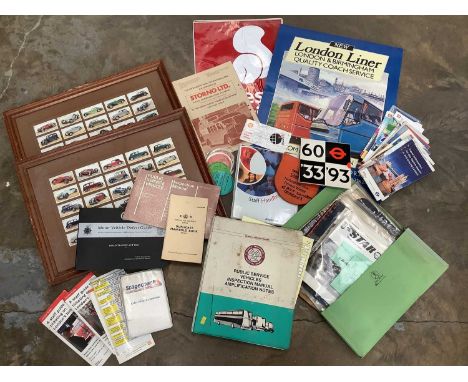 Box of enamel badges, together with motoring and bus related ephemera and two framed collections of cigarette cards