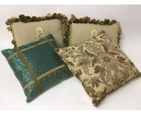 Pair of Jacquard tapestry covered cushions, an English brocade cushion and a similar French cushion .