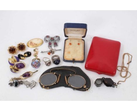 Vintage Cartier red leather jewellery box and group of costume jewellery including two silver rings, silver brooch, vintage c