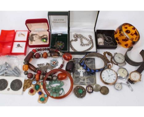 Group costume jewellery including silver gem set rings, chains etc, gold plated Prescot pocket watch, vintage Curtiss wristwa