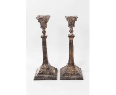 Pair of contemporary silver candlesticks on stepped bases (Birmingham, 1954), 26cm high Condition report: One candlestick is 