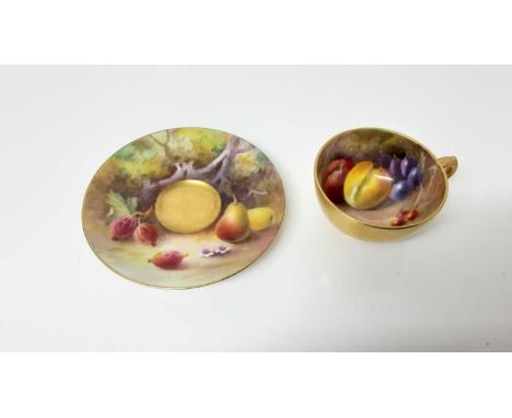Royal Worcester cabinet cup and saucer, hand decorated with fruit, signed RickellCondition report: Saucer measures 9.75cm dia