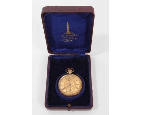 Late 19th century Swiss 14K gold fob watch, case measures 35mm diameter, within fitted box retailed by McDowell of DublinCond