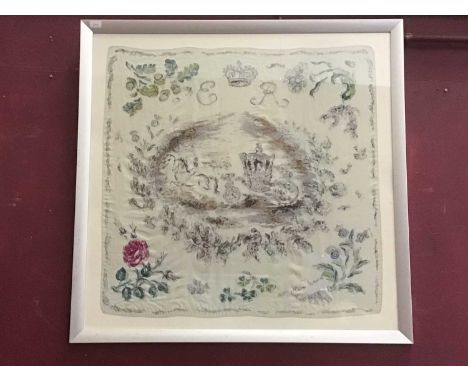 Oliver Messel Coronation silk scarf, framed and glazed.