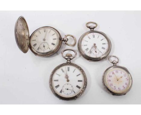 Four Victorian and later silver cased pocket watches to include a full hunter (Chester 1889), silver (800) pocket watch engra