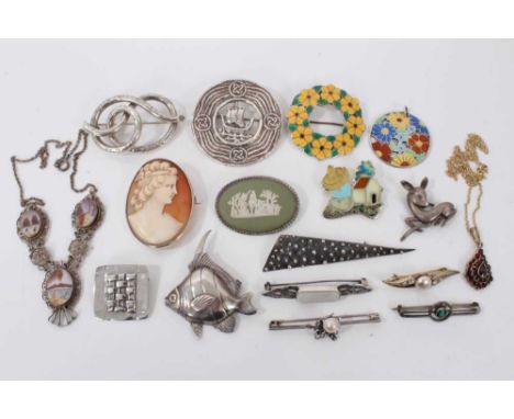 Group of vintage silver brooches including cameo, Wedgwood Jasperware, enamelled etc and two necklaces 