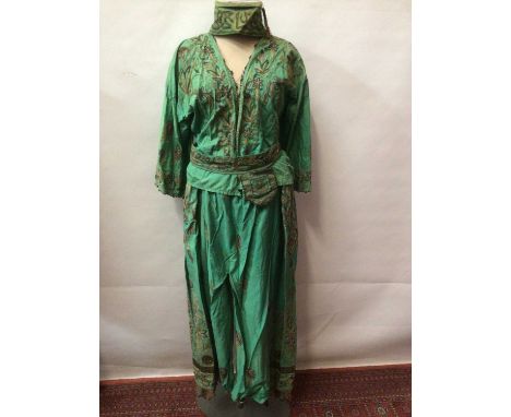 Vintage Asian outfit comprising of trousers, jacket, cap and sash with purse. Metalic thread chain stitch crescent moon and s