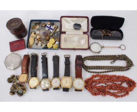 Box of 19th century and later bijouterie to include antique coral bead necklace, rope twist chain, various studs and buttons,