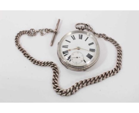 Victorian silver pocket watch with white enamel dial, Roman numeral markers and subsidiary seconds dials, in silver case (Che