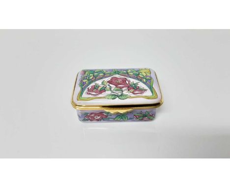 Moorcroft enamel trinket box with floral decoration on pink ground, 6cm wide, in original boxCondition report: Very good cond