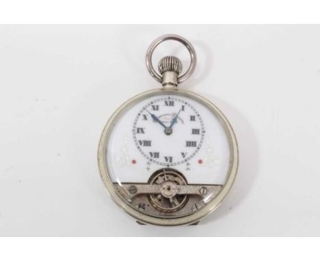 Swiss Hebdomas 8 day pocket watch with white enamel dial, Roman numeral markers and silver floral decoration, in plated case,