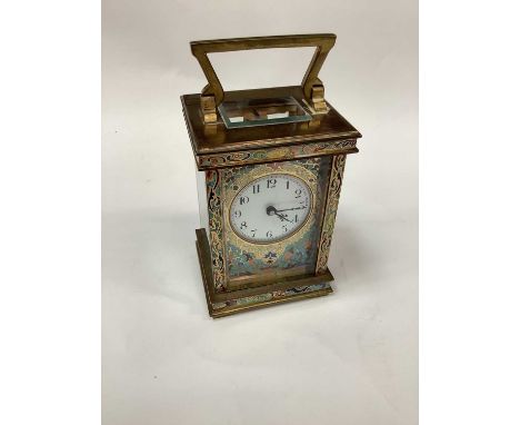 French champleve enamel carriage clock in case with red leatherette cover