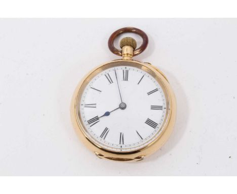 Swiss 18ct gold fob watch with circular white enamel dial and Roman numeral markers in 18ct gold case with engraved initials 