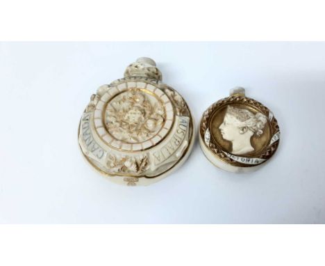 Two Victorian Royal Worcester blush ivory scent bottles commemorating Queen VictoriaCondition report: The larger one has two 