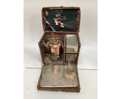 Edwardian G.W. Scott &amp; Son wicker two person 'En Route' tea basket 'The Continental', comprising copper and brass kettle 