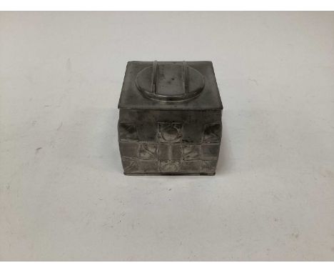 Art Nouveau Tudric pewter tea caddy/biscuit box and cover designed by Archibald Knox for Liberty, of square form with stylize