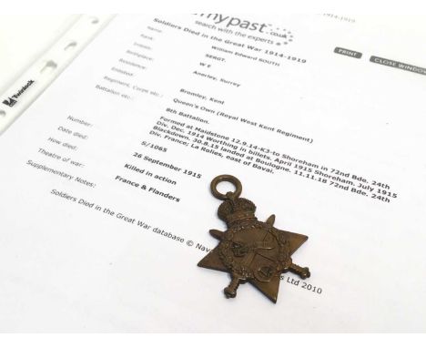First World War casualty 1914 -15 Star medal named to S - 1065. SJT. W. E. South. R. W. Kent. R.  N.B. William Edward South w