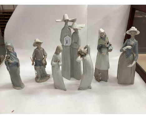 Collection of Lladro porcelain figures and geese including nuns, girl with cat and dog etc, together with a Nao dog, Capodimo