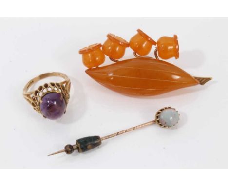 9ct gold mounted simulated amber lily of the valley brooch, 9ct gold purple cabochon stone ring, size N½ and an opal stick pi