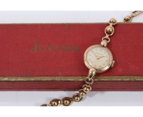 Vintage ladies Juvenia 9ct gold cased wristwatch on 9ct gold ball link bracelet, boxedCondition report: Weight 14 grams 