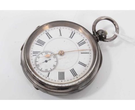 Victorian silver pocket watch with white enamel dial, Roman numeral markers and subsidiary seconds dial, in silver case, 53mm