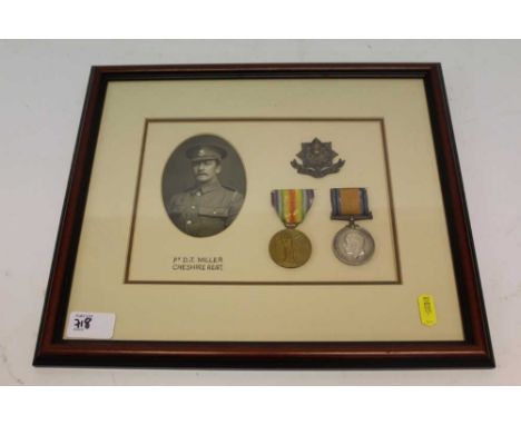 First World War pair comprising War and Victory medals named to 10535 PTE. D. J. Miller, Ches. R. Together with a Trench Art 