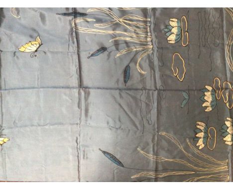 Vintage single bed cover. Pond with water lilies, bull rushes and butterflies hand embroidered in chain stich on blue satin.