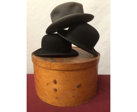 Vintage Fedora Hat Christies' London retailed by Austin Reed size &amp; plus two black Bowler hats by G A Dunn &amp; Co size 