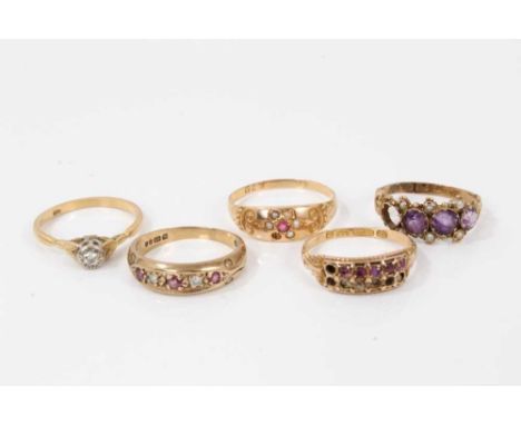 18ct gold diamond single stone ring, size N, Two Victorian 15ct gold gem set rings, sizes R and M½, Victorian 12ct gold gem s