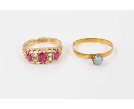 Antique 18ct gold synthetic ruby and white stone ring (Chester 1913), size N, together with opal ring on yellow metal shank (