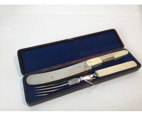 Rare Victorian knife and fork set in original fitted case, comprising an unusual triple bladed knife stamped V crown R, Josep
