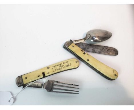 Rare Georgian seaman’s combination knife, fork and spoon set, with central brass liners that divide and ivory scales. Spatula