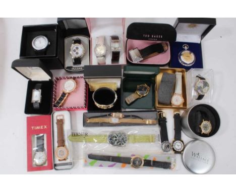 9ct gold cased vintage ladies wristwatch on black chord strap and a collection of contemporary wristwatches including Pulsar 