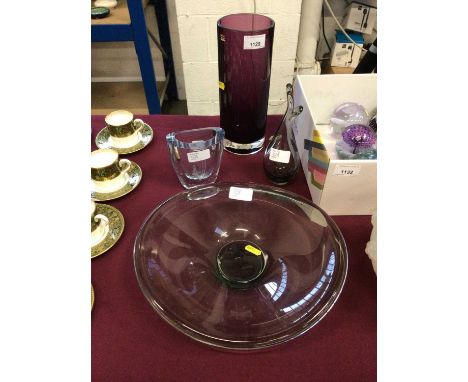 Four pieces of art glass, including a Holmegaard vase and dish, a Strombergshyttan vase, and a Caithness purple vase