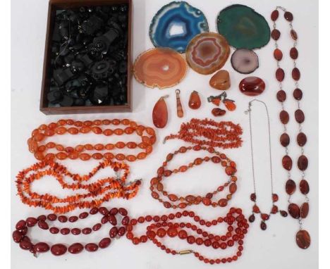 Collection of Victorian and later jet, similar style beads and jewellery, carnelian bead necklaces, antique coral necklace, a