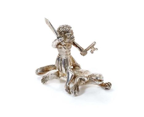 Unusual early 20th century Continental silver novelty miniature ornament of a figure, armed with a sword and axe, riding a Ko