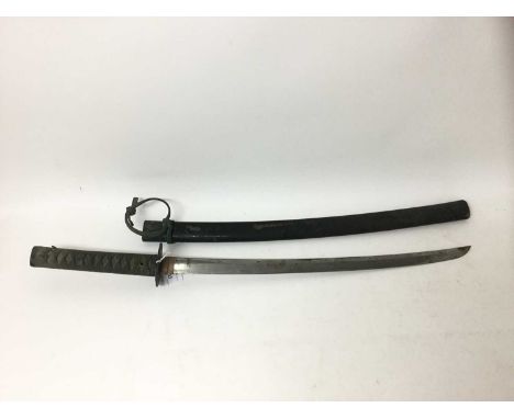 Antique Japanese wakizachi sword with civilian mounts , curved blade - un signed tang in lacquer scabbard . The blade 55cm