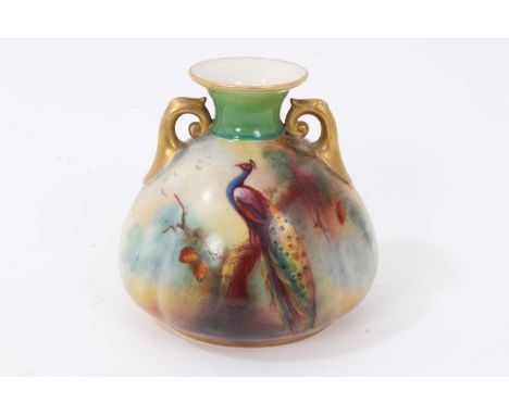 Royal Worcester vase, hand decorated with a Peacock, signed F. J. Dray, 9cm high