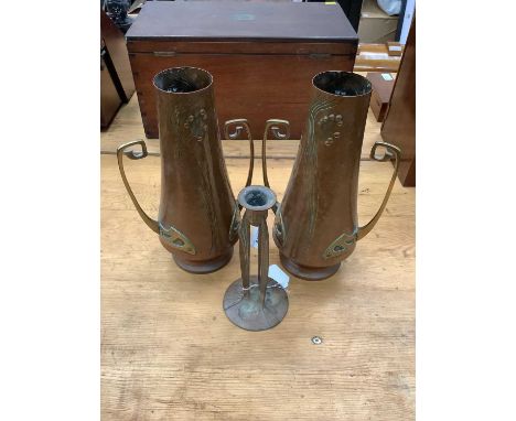 Pair Art Nouveau copper and brass vases, together with an Arts &amp; Crafts metal candlestick (3)