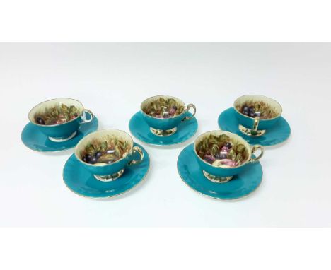 Set of five Aynsley Orchard Gold teacups and saucers, signed D.Jones, another similar unsigned cup and saucers, together with