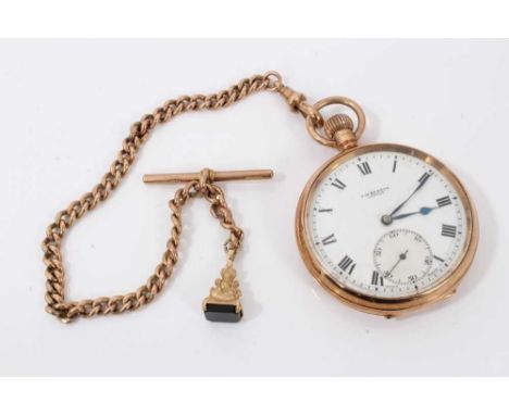 9ct gold cased J.W.Benson pocket watch, 48mm diameter, on 9ct gold watch chain with 9ct gold seal fob Condition report: Watch