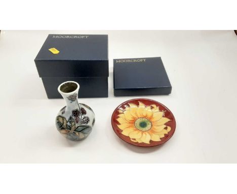 Two Moorcroft pottery pieces, comprising Bramble vase, 10.5cm high and Inca Sunflower pin dish, together with Royal Copenhage