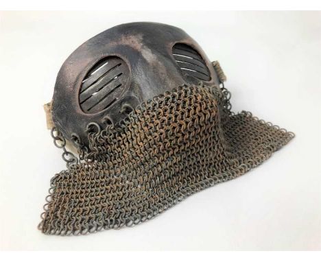 Scarce First World War tank crew face mask of steel construction with leather covering, attached chain mail and cotton retain