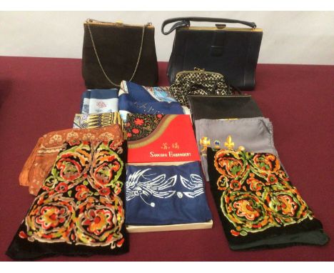 Box of vintage accessories including handbags, silk Capri souvenir scarf, Soochow Chinese embroidered scarf boxed and other s