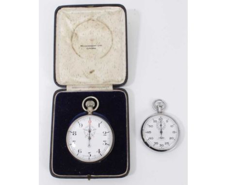 Swiss stainless steel stopwatch with white enamel dial and Brevet movement numbered 905712, 55mm diameter, in fitted case and