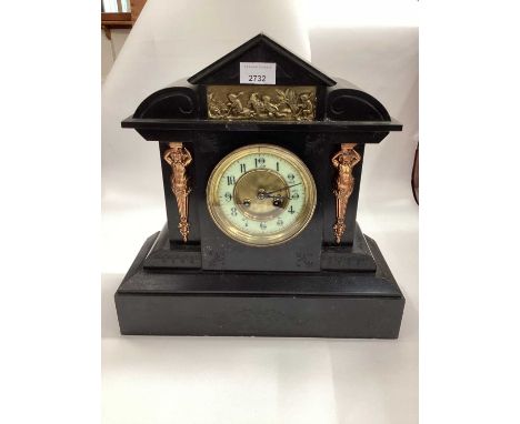 Late 19th / early 20th century black slate mantle clock with arabic numerial dial.