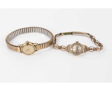 Two vintage ladies Omega gold plated wristwatches, both with circular dials and baton markers on gold plated bracelets 