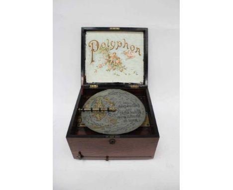 Polyphon table model 19th Century, with 21 11" discs, some loss of veneer, weak arm spring