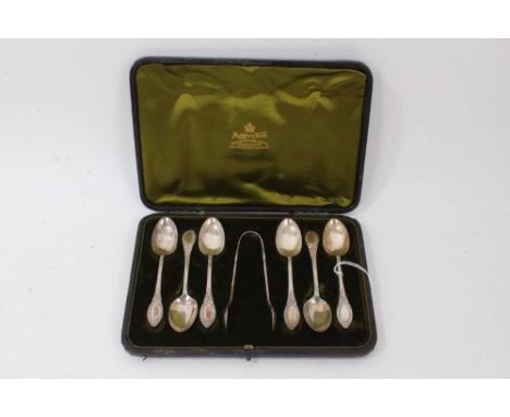 Cased set of six silver teaspoons and pair sugar tongs by Mappin &amp; Webb